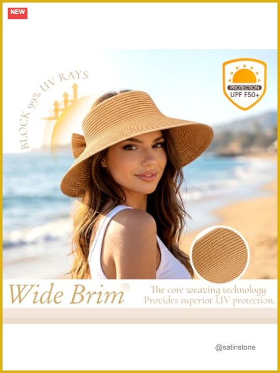 12 Pack Foldable Straw Sun Visors Wide Brim UPF Protection Beach Hats for Women main image 5